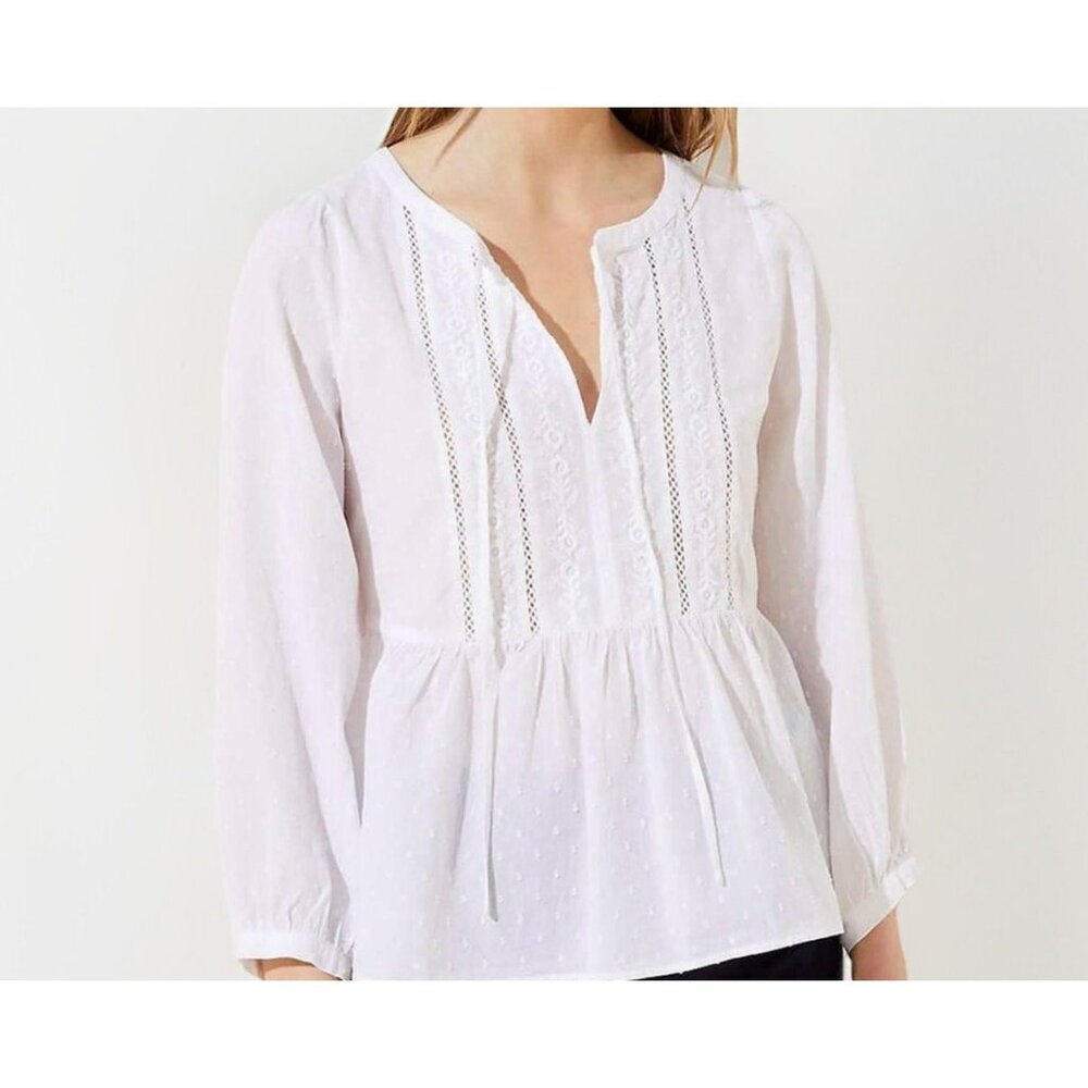 LOFT Women’s Swiss Dot Blouse Medium White V-Neck Long Sleeve Peplum